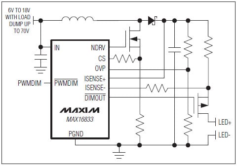 Application Circuit Diagram - Analog Devices / Maxim Integrated MAX16833 High Voltage HB LED Drivers