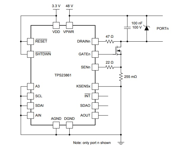 原理图 - Texas Instruments TPS23861 四端口以太网供电 PSE 控制器