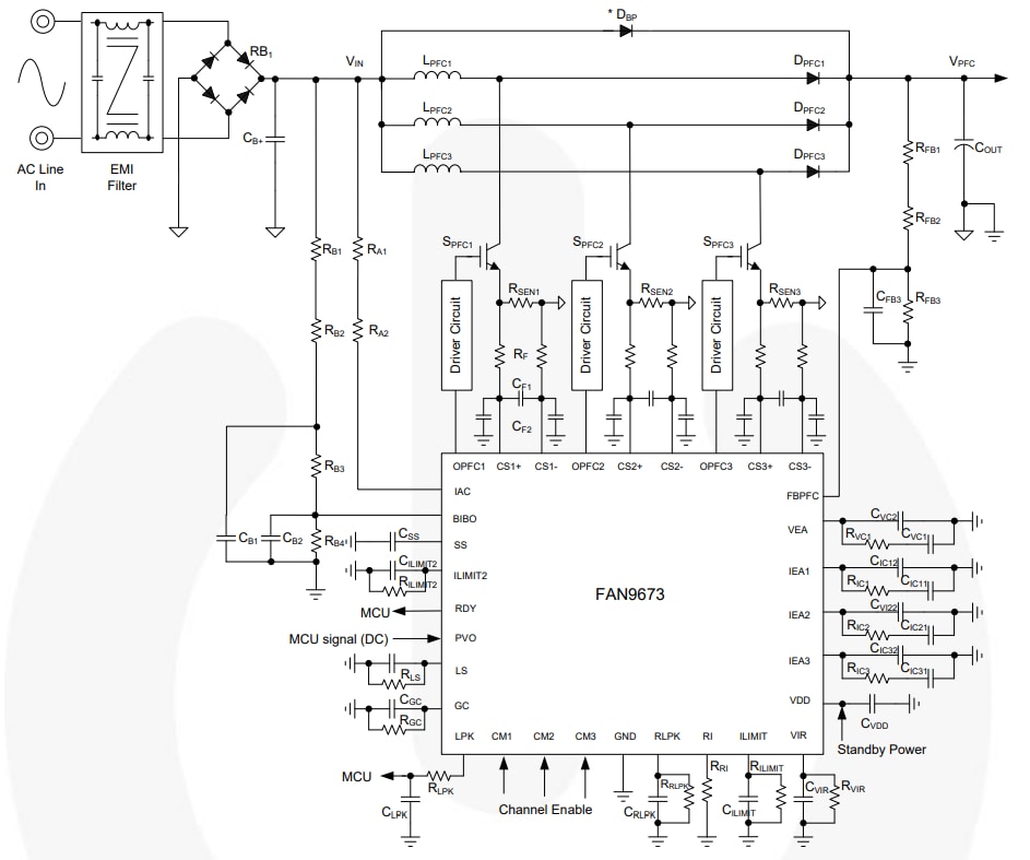 应用电路图 - onsemi 连续导通模式功率因数校正控制器 FAN9673