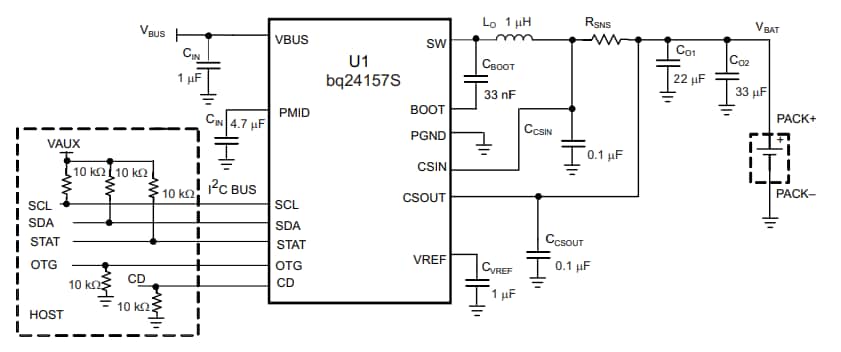 应用电路图 - Texas Instruments bq24157S 开关模式单节锂离子电池充电器集成电路