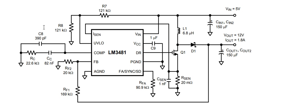 应用电路图 - Texas Instruments 德州仪器 LM3481 SIMPLE SWITCHER® 低侧 N-FET 高性能控制器