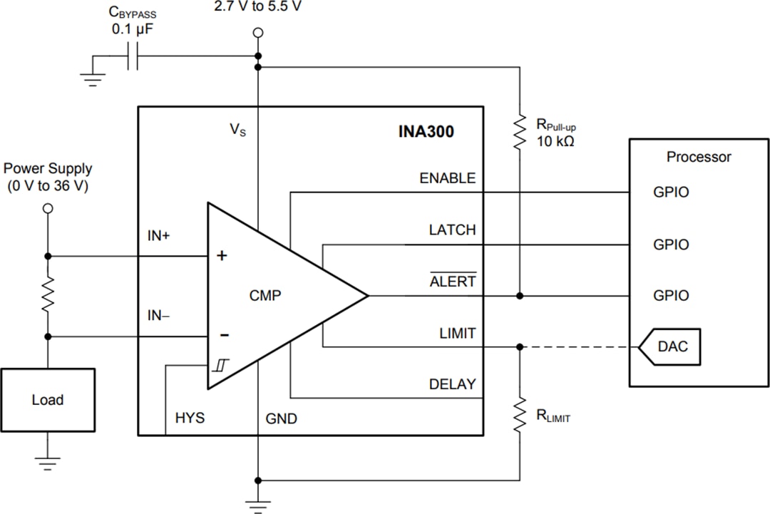 应用电路图 - Texas Instruments INA300 高侧或低侧电流感应比较器