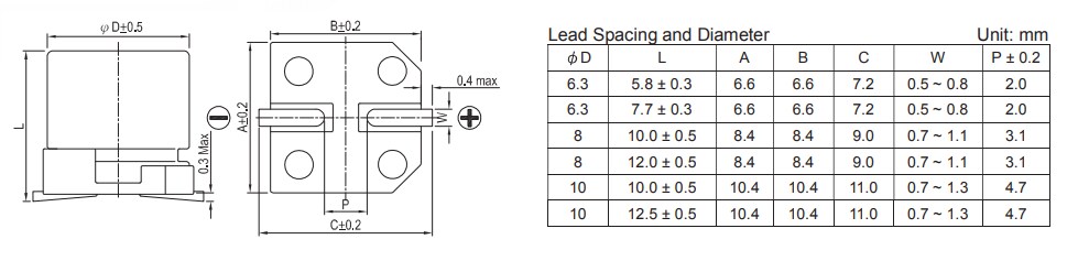 Mechanical Drawing - Lelon HBV Long Life Hybrid Polymer Capacitors
