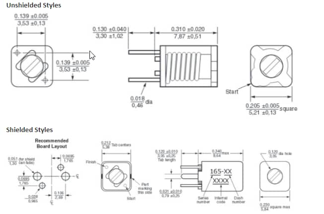 Mechanical Drawing - Coilcraft 164/165 Series 5mm Tunable Inductors