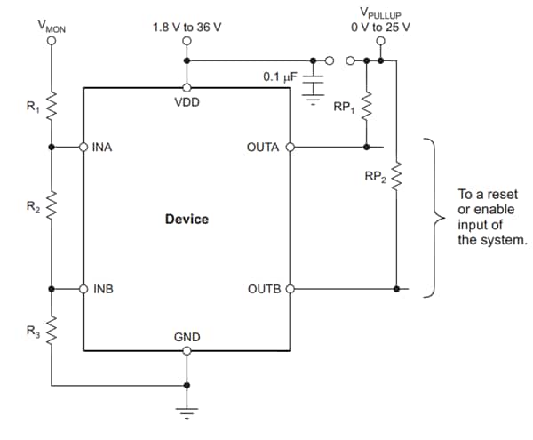 应用电路图 - Texas Instruments TPS3701 36V 窗口比较器