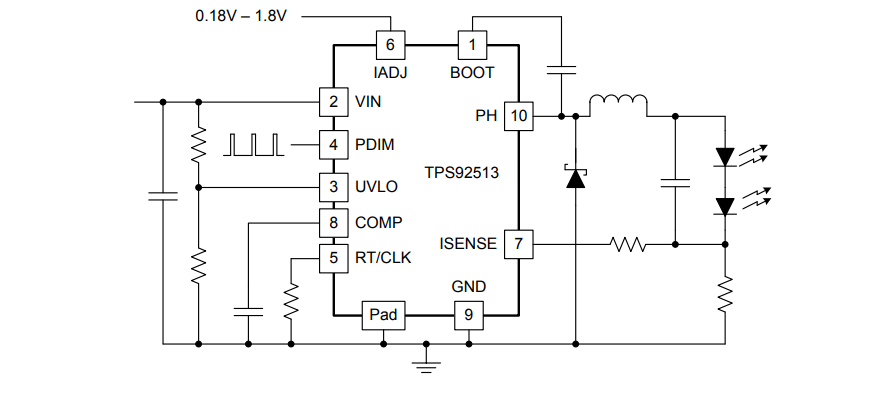原理图 - Texas Instruments TPS92513/HV 降压 LED 驱动器