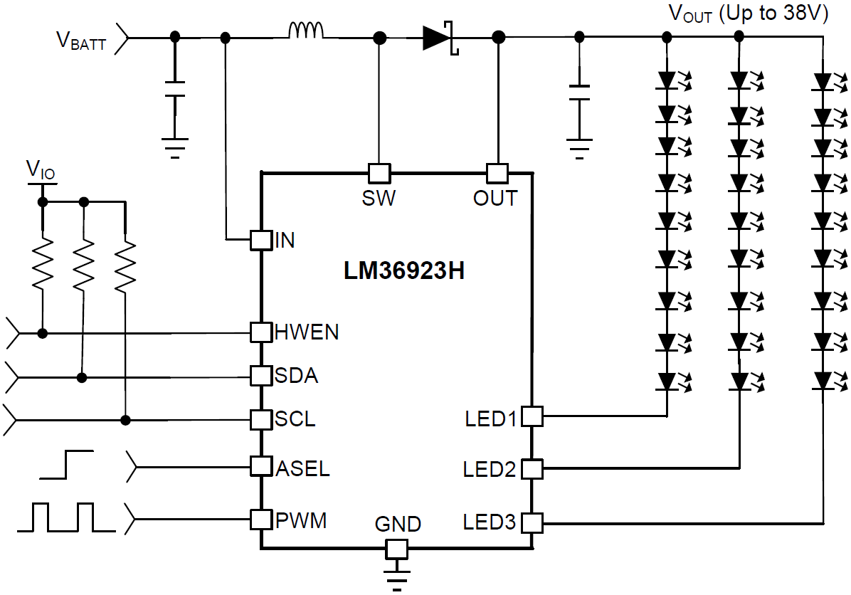 原理图 - Texas Instruments LM36923H三灯串白色LED驱动器