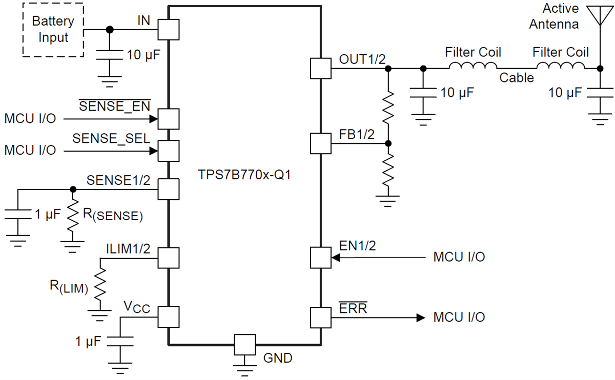 应用电路图 - Texas Instruments TPS7B7701/02-Q1单/双通道天线LDO