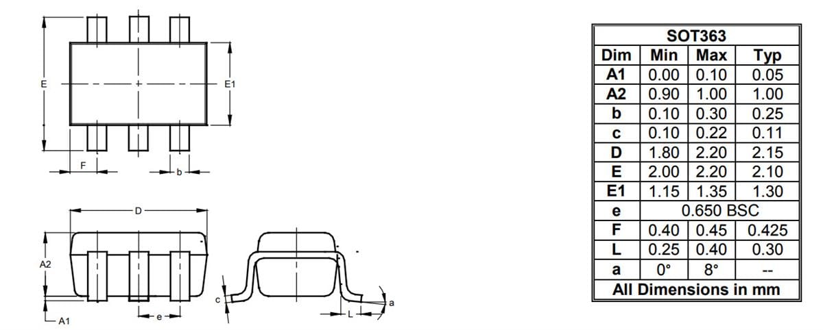 机械图纸 - Diodes Incorporated BAV99DWQ表面贴装开关二极管阵列