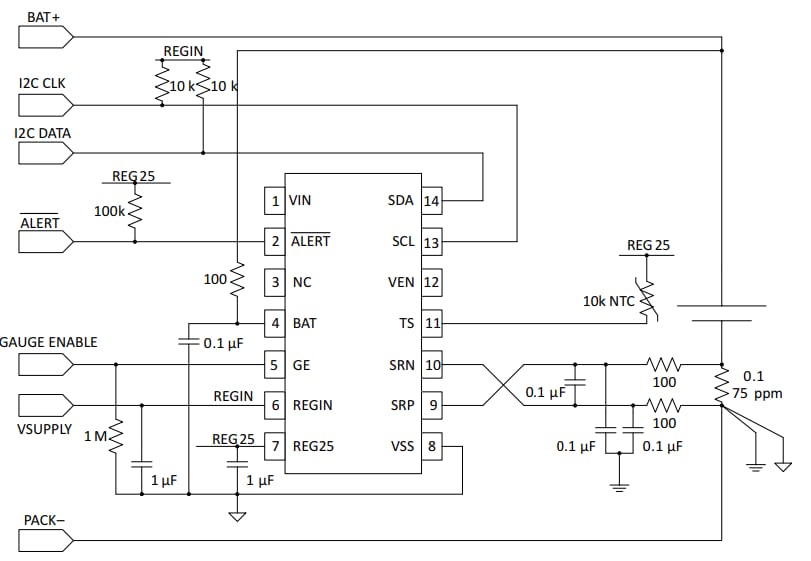 原理图 - Texas Instruments bq35100电池电量计和EOS监控器