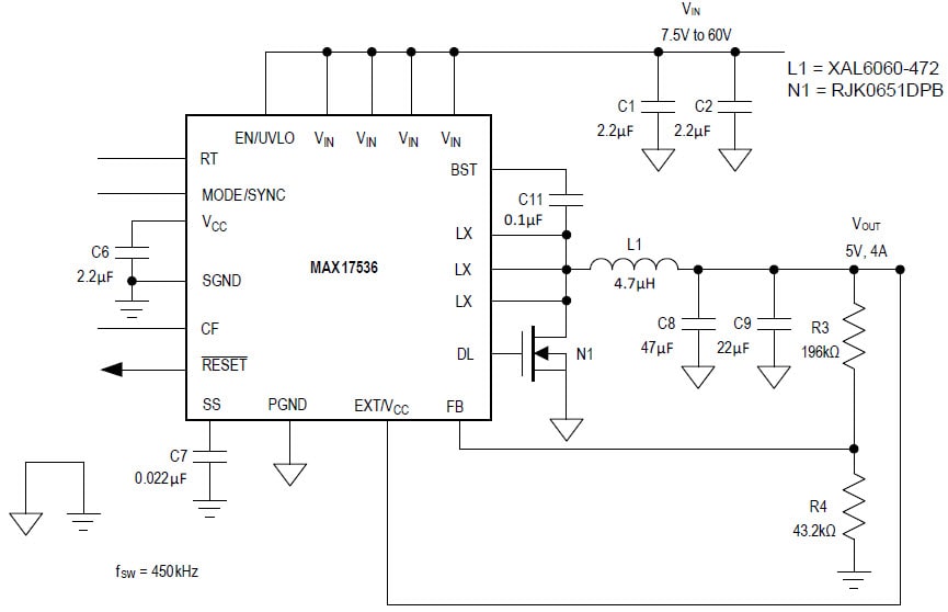 应用电路图 - Analog Devices / Maxim Integrated MAX17536 和 MAX17546 降压型直流-直流转换器