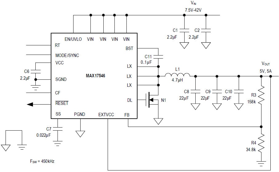 应用电路图 - Analog Devices / Maxim Integrated MAX17536 和 MAX17546 降压型直流-直流转换器