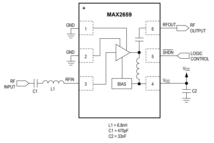 框图 - Analog Devices / Maxim Integrated MAX2659 GPS 低噪声放大器