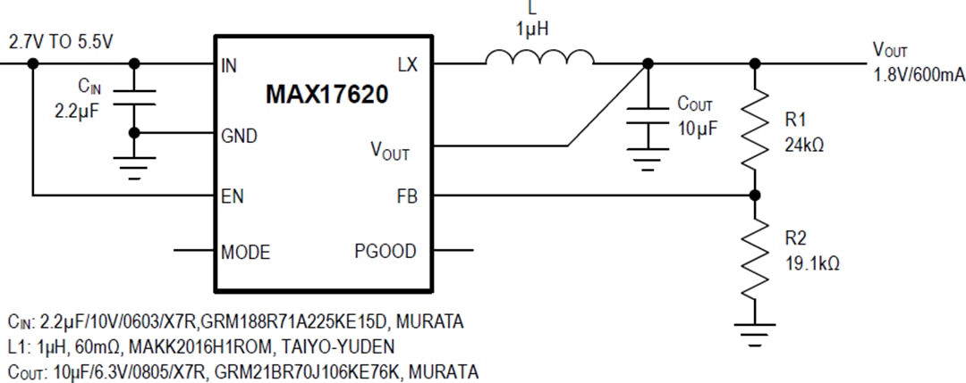 应用电路图 - Analog Devices / Maxim Integrated MAX17620 同步降压型直流-直流转换器