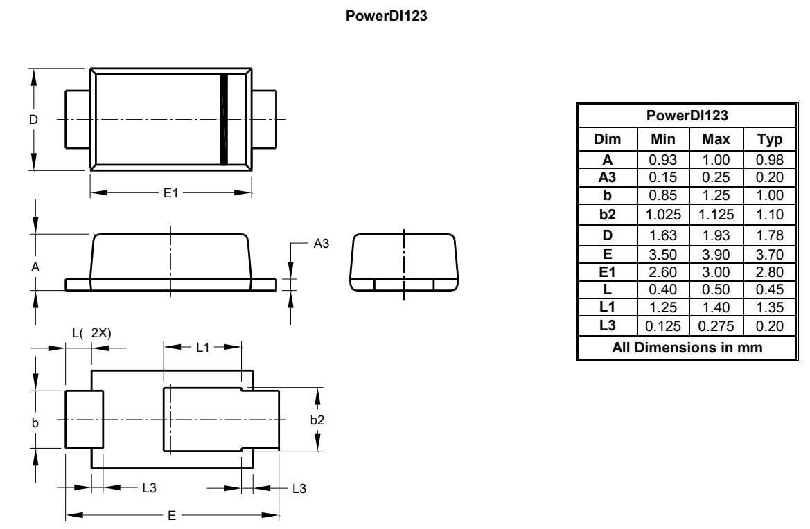 机械图纸 - Diodes Incorporated DFLS1150Q肖特基势垒整流器
