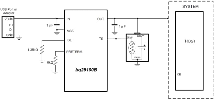 应用电路图 - Texas Instruments bq25100B单节锂离子电池充电器