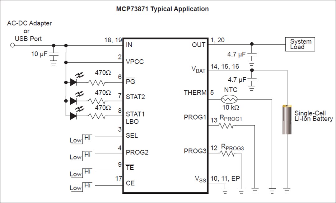 应用电路图 - Microchip Technology MCP73871电池充电管理控制器