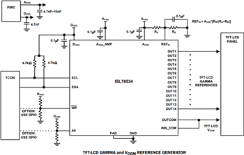 应用电路图 - Renesas Electronics ISL76534可编程LCD伽马缓冲器
