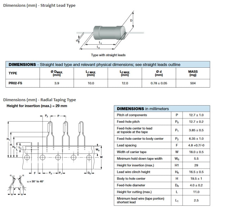 机械图纸 - Vishay / BC Components PR02-FS可熔断金属膜电阻器