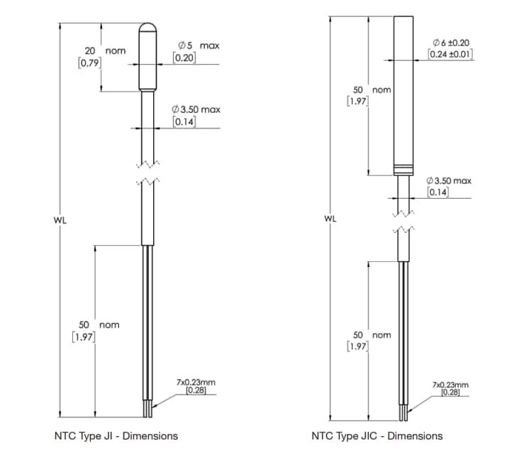 机械图纸 - Amphenol Advanced Sensors JI和JIC NTC热敏电阻