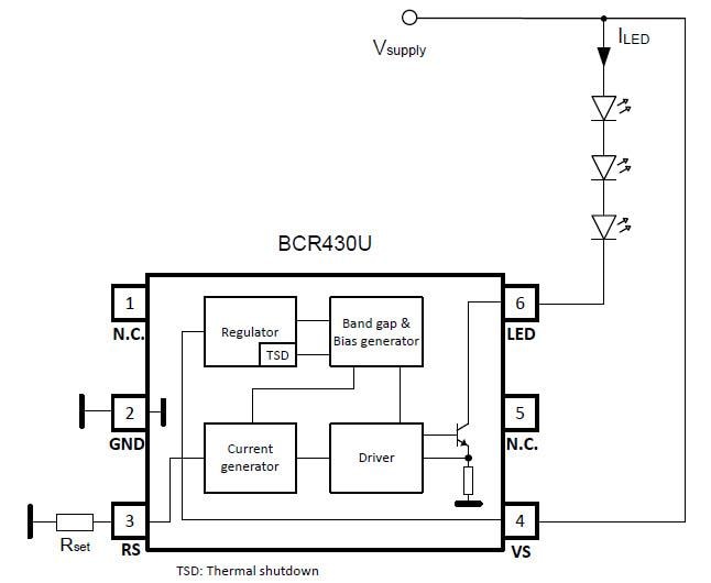 框图 - Infineon Technologies BCR430U低压降LED驱动器IC