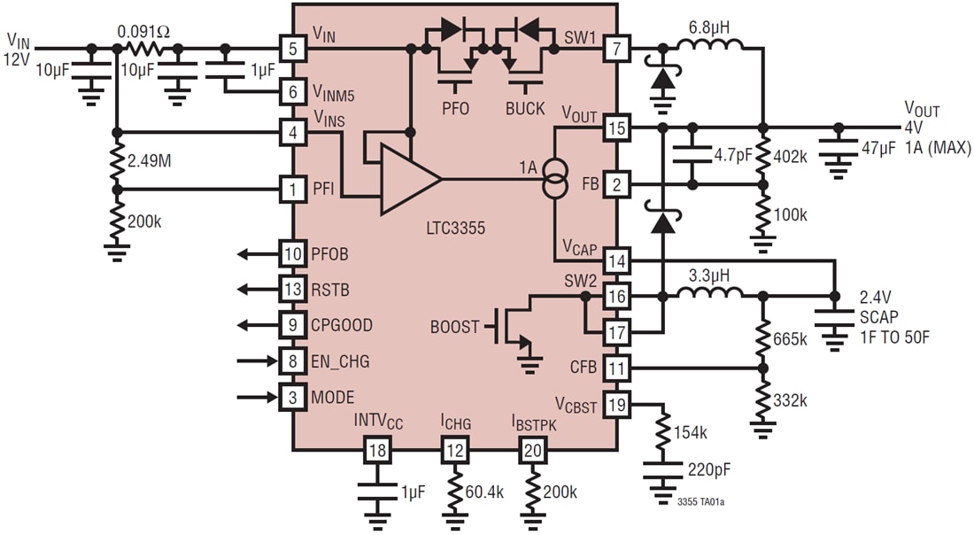 应用电路图 - Analog Devices Inc. LTC3355集成有SCAP充电器的降压型直流/直流系统