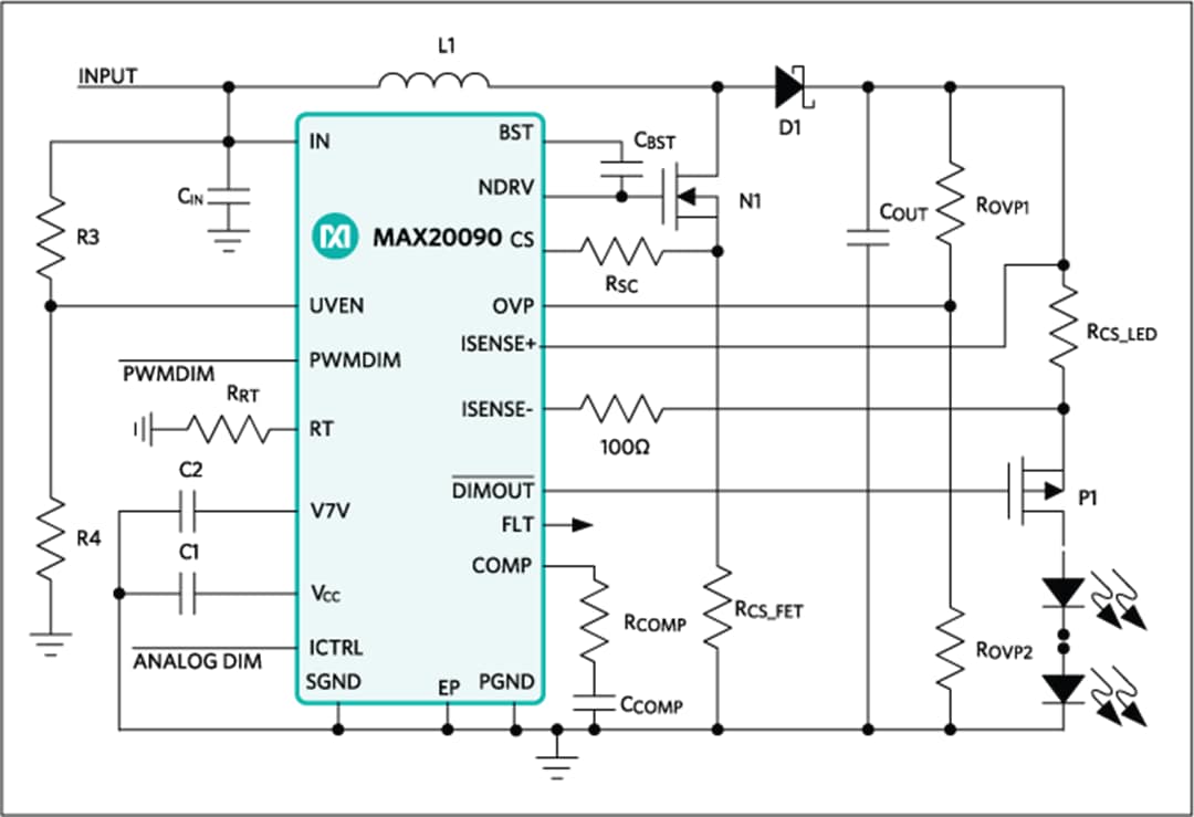 应用电路图 - Analog Devices / Maxim Integrated MAX20090高压HB LED控制器