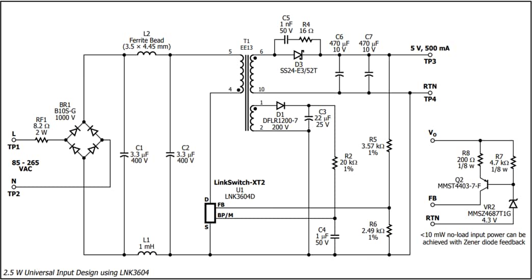 应用电路图 - Power Integrations LinkSwitch-XT2离线式开关IC