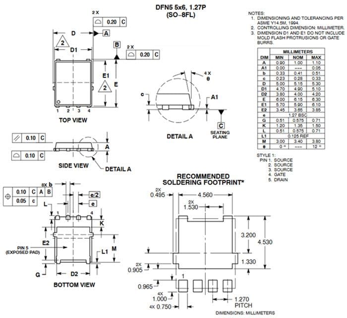 机械图纸 - onsemi NVMx和NVTx功率MOSFET