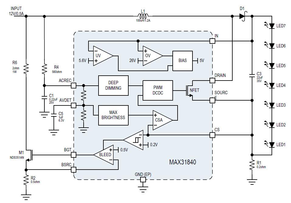 框图 - Analog Devices / Maxim Integrated MAX31840 MR16 LED驱动器