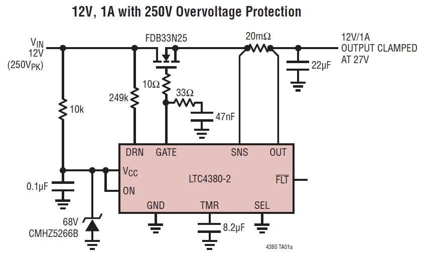 应用电路图 - Analog Devices Inc. LTC4380低静态电流浪涌制动器