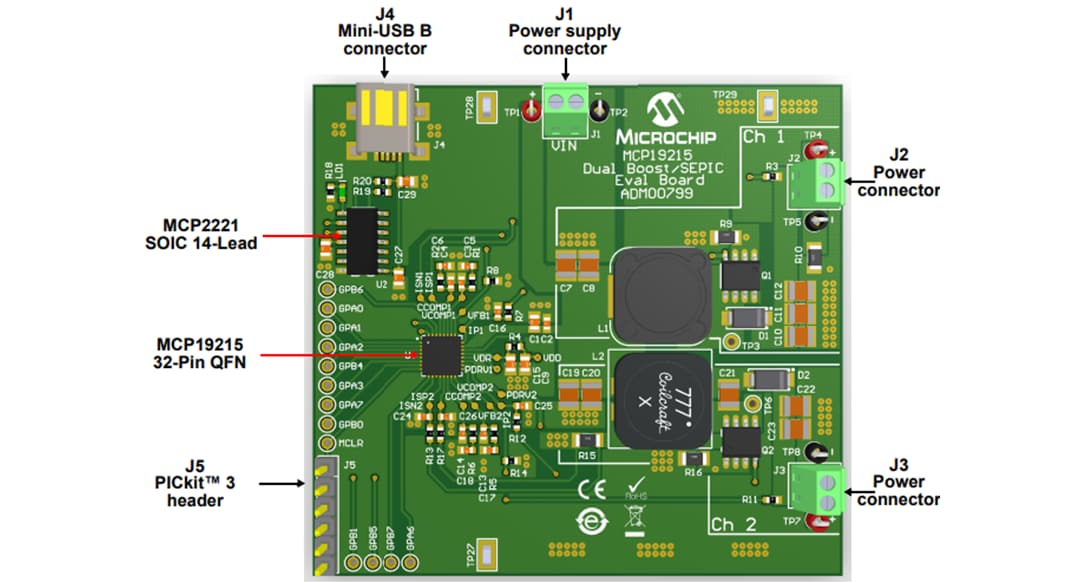 Microchip Technology MCP19215双通道升压/SEPIC评估板