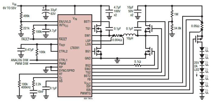 应用电路图 - Analog Devices Inc. LT8391同步降压-升压LED控制器
