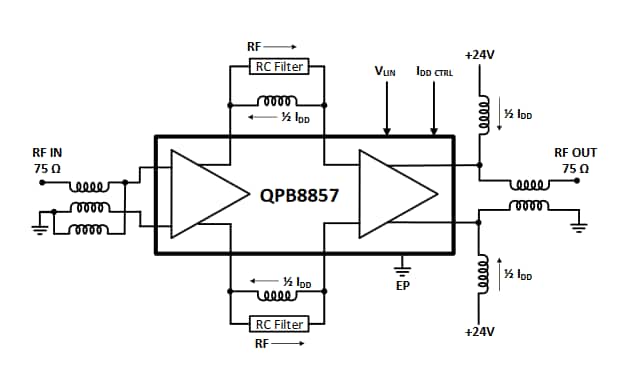 框图 - Qorvo QPB8857 75Ω 28dB CATV倍频放大器