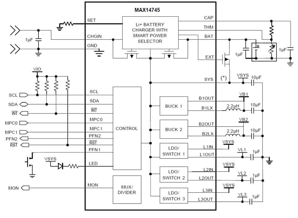 应用电路图 - Analog Devices / Maxim Integrated MAX14745可穿戴设备充电管理解决方案