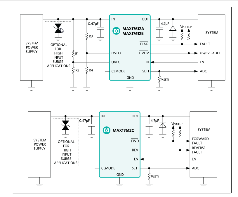 应用电路图 - Analog Devices / Maxim Integrated MAX17612A/MAX17612B/MAX17612C保护IC