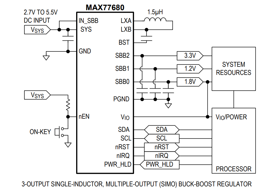应用电路图 - Analog Devices / Maxim Integrated MAX77680/MAX77681 SIMO降压-升压稳压器