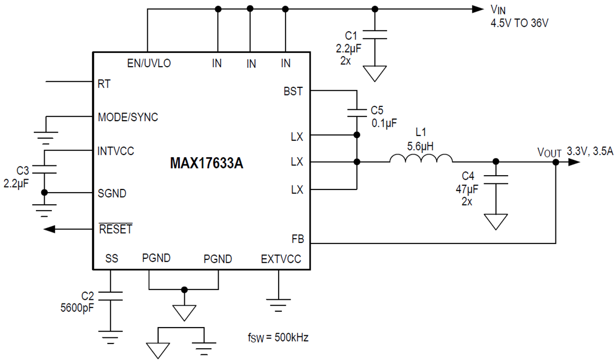 应用电路图 - Analog Devices / Maxim Integrated MAX17633同步降压直流-直流转换器