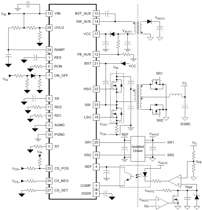 应用电路图 - Texas Instruments LM5036半桥PWM控制器