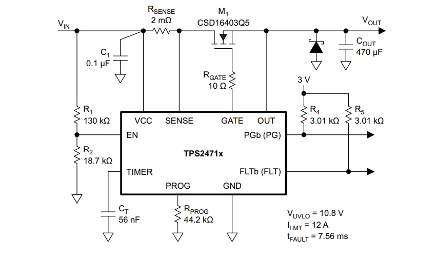 应用电路图 - Texas Instruments TPS2471功率限制热插拔控制器