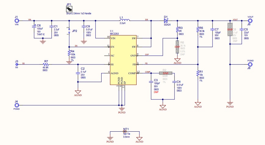 原理图 - Microchip Technology MIC2253升压稳压器评估板