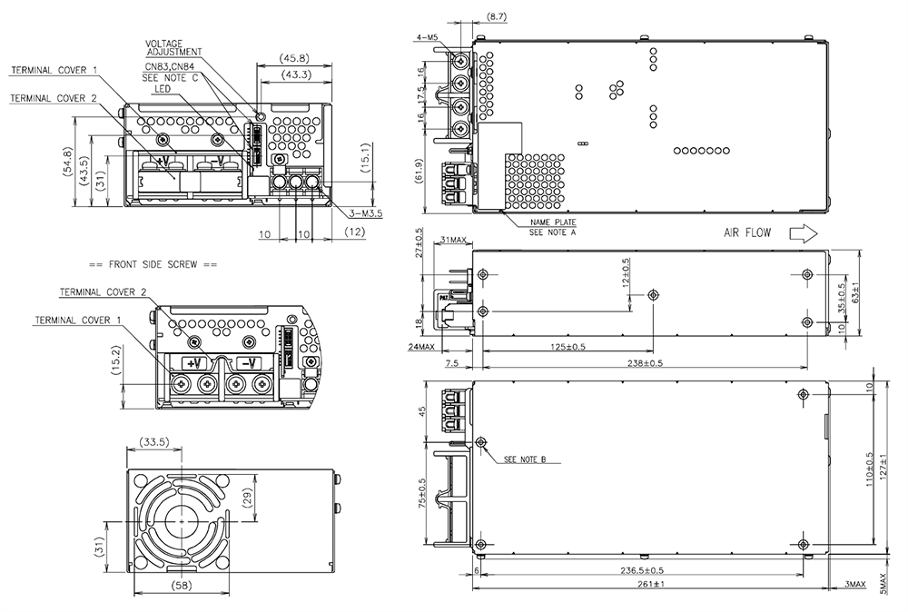 机械图纸 - TDK-Lambda CUS1500M医疗和工业电源