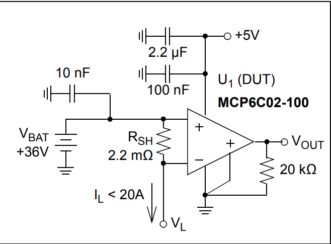 应用电路图 - Microchip Technology MCP6C02高压侧电流检测放大器