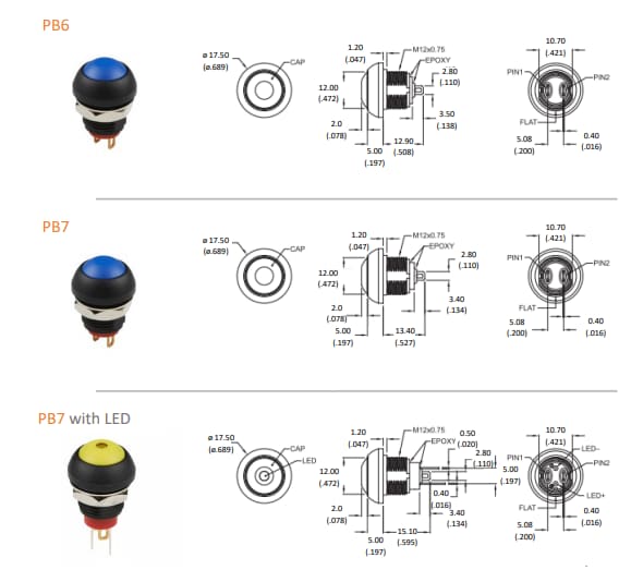 机械图纸 - TE Connectivity / Alcoswitch IP68超小型按钮开关