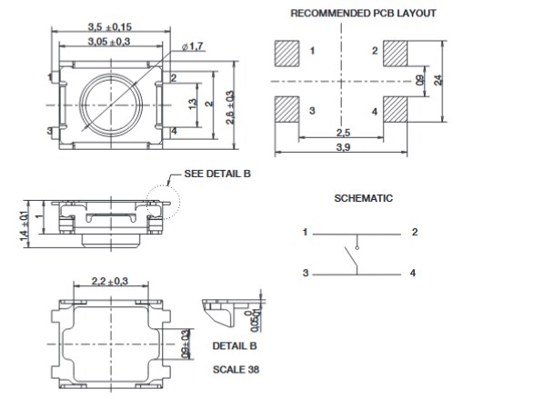 Mechanical Drawing - C&K Switches PTS 830 Top Actuated Microminiature SMT Switches