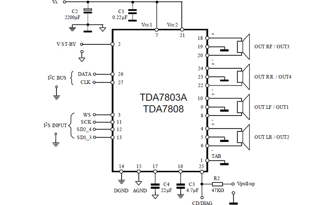 应用电路图 - STMicroelectronics EVAL-TDA7803A评估板