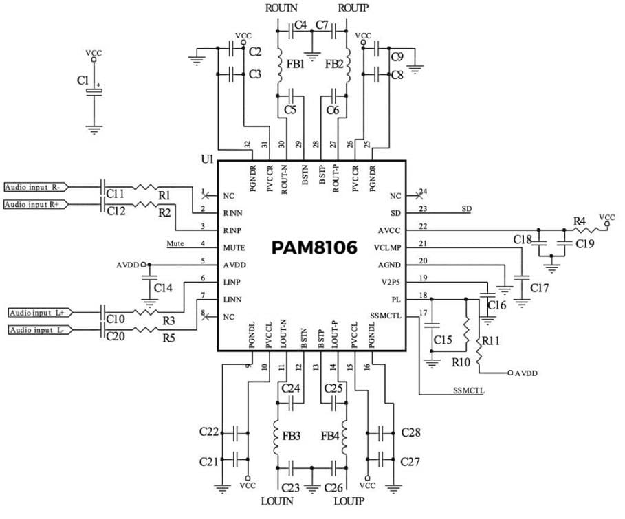 应用电路图 - Diodes Incorporated PAM8106 10W音频放大器