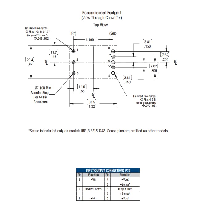 机械图纸 - Murata Power Solutions IRS密封式、1/16砖、直流-直流转换器