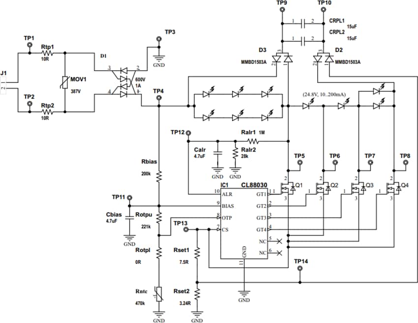 应用电路图 - Microchip Technology ADM00860 230VAC LED驱动器评估板