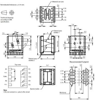 机械图纸 - Vishay Semiconductors TCUT1630X01和TCUT1800X01光学传感器